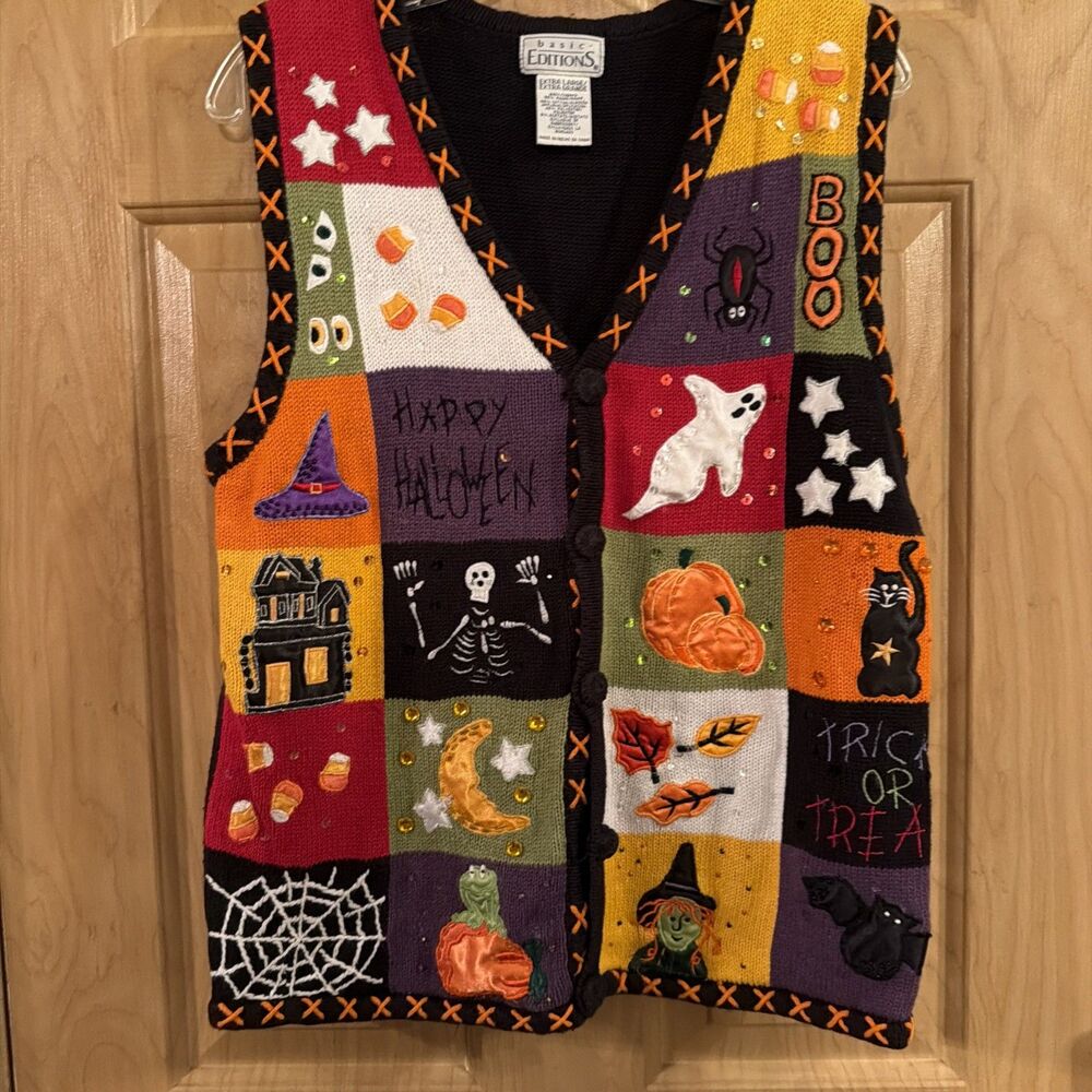 Vintage Halloween Patchwork Sweater Vest XL Black Cat Pumpkin Sequin Spooky.EUC! - Picture 10 of 16